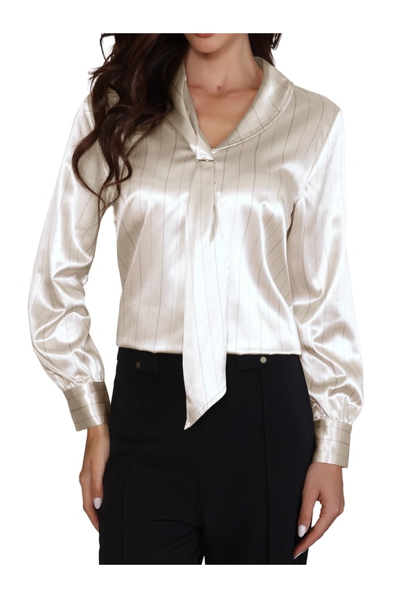 Satin Blouses for Women Long Sleeve Striped Tie Neck Office Shirt XS Apricot