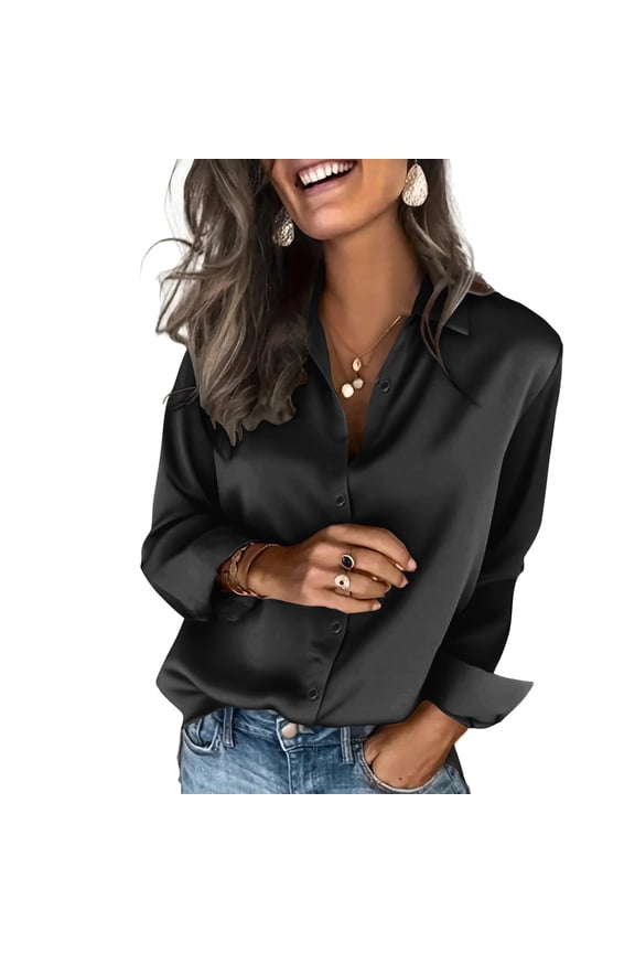 Satin Blouses for Women Silk Button Down Shirts Long Sleeve Business Casual Tops Black L
