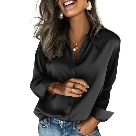Satin Blouses for Women Silk Button Down Shirts Long Sleeve Business Casual Tops Black M