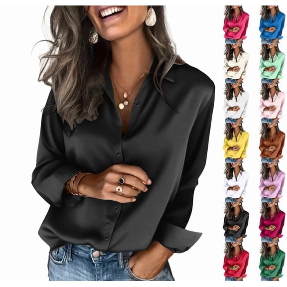Satin Blouses for Women Silk Button Down Shirts Long Sleeve Business Casual Tops Black S