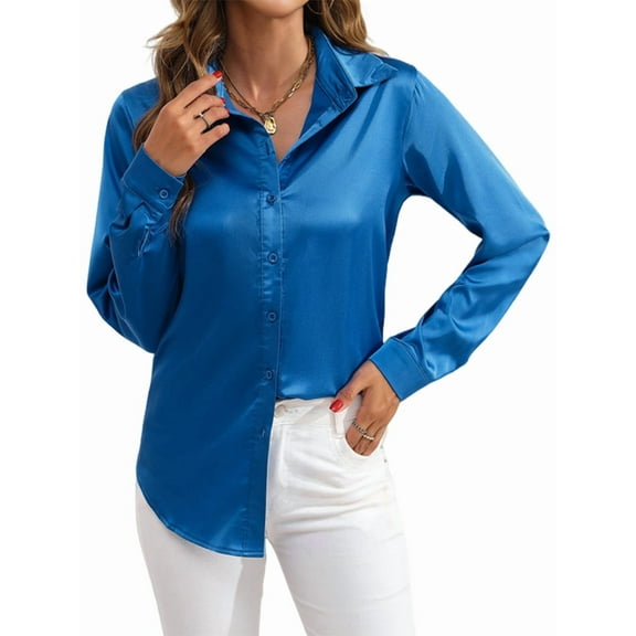 Satin Blouses for Women Silk Button Down Shirts Long Sleeve Business Casual Tops Blue M