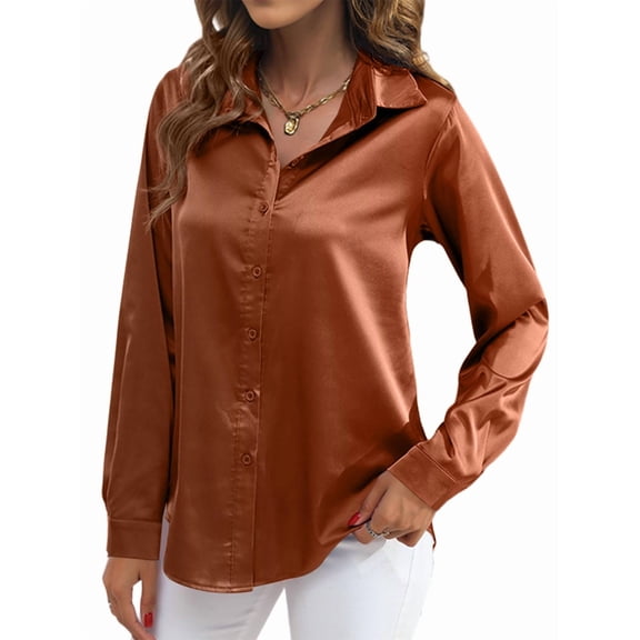 Satin Blouses for Women Silk Button Down Shirts Long Sleeve Business Casual Tops Dark Brown S