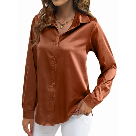 Satin Blouses for Women Silk Button Down Shirts Long Sleeve Business Casual Tops Dark Brown XL