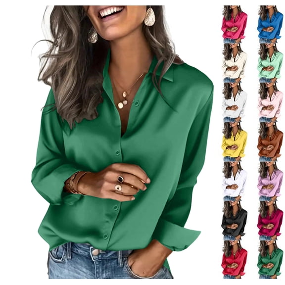 Satin Blouses for Women Silk Button Down Shirts Long Sleeve Business Casual Tops Green M