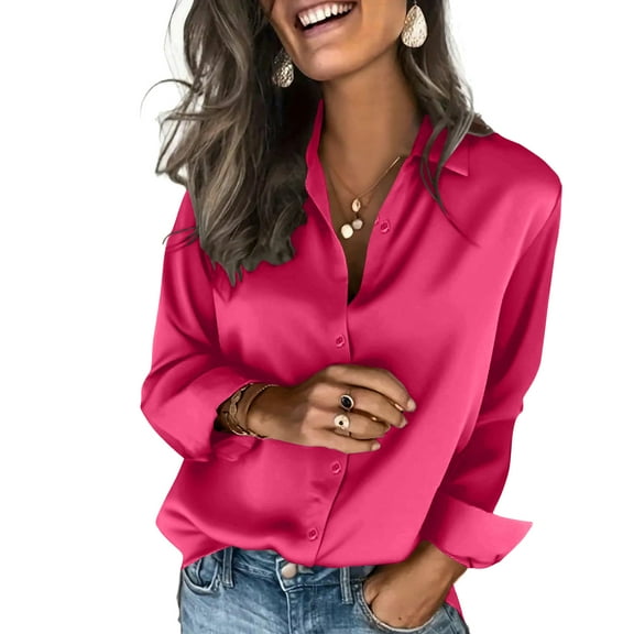Satin Blouses for Women Silk Button Down Shirts Long Sleeve Business Casual Tops Hot Pink L