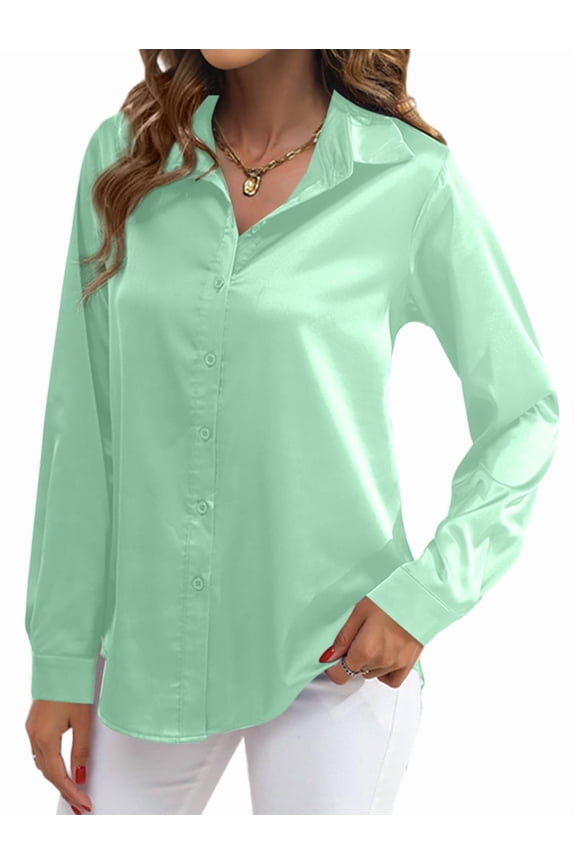 Satin Blouses for Women Silk Button Down Shirts Long Sleeve Business Casual Tops Light Green L