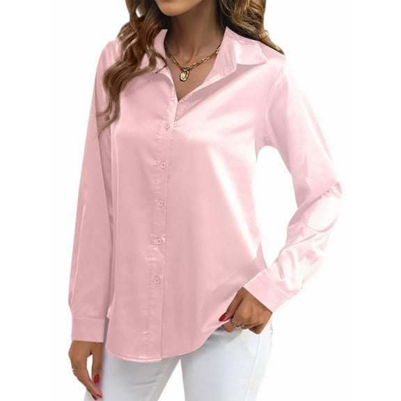 Satin Blouses for Women Silk Button Down Shirts Long Sleeve Business Casual Tops Light Pink L