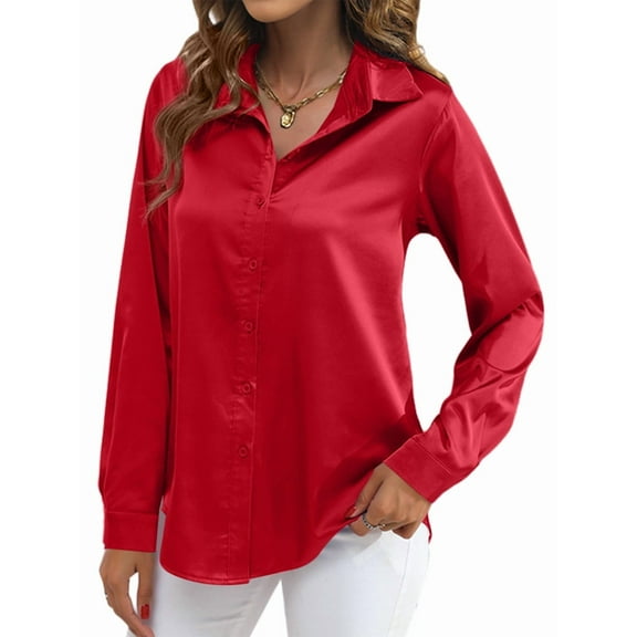 Satin Blouses for Women Silk Button Down Shirts Long Sleeve Business Casual Tops Red XXL