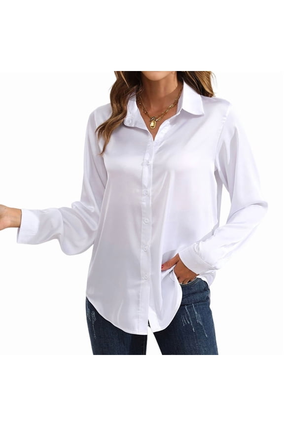 Satin Blouses for Women Silk Button Down Shirts Long Sleeve Business Casual Tops White L