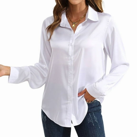 Satin Blouses for Women Silk Button Down Shirts Long Sleeve Business Casual Tops White XXL