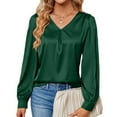 thumbnail image 1 of Satin Blouses for Women Silky Shirts V Neck Roll Up Long Sleeve Casual Loose Office Work Dress Tops Button Cuff, Army Green (XX-Large), 1 of 6