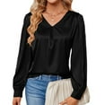thumbnail image 1 of Satin Blouses for Women Silky Shirts V Neck Roll Up Long Sleeve Casual Loose Office Work Dress Tops Button Cuff, Black (Medium), 1 of 6