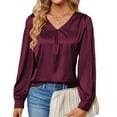 thumbnail image 1 of Satin Blouses for Women Silky Shirts V Neck Roll Up Long Sleeve Casual Loose Office Work Dress Tops Button Cuff, Wine (Medium), 1 of 6