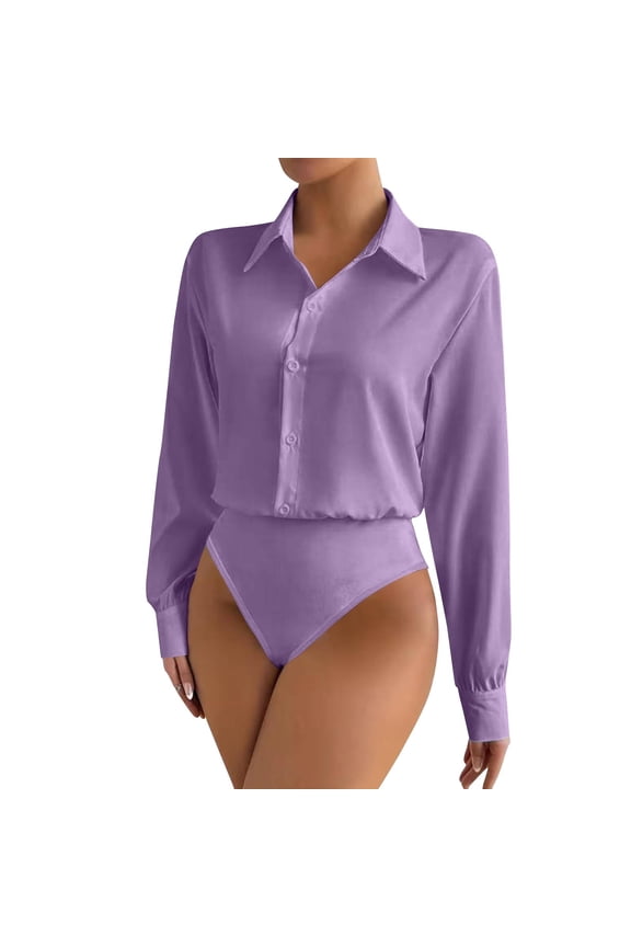 Satin Bodysuits for Women Button Down Collared Long Sleeve Shirt Slim Fit Lightweight Blouses Bussiness Casual Outfits Base Layer Shirts Office Body Suits Spring Summer Blouse Tops
