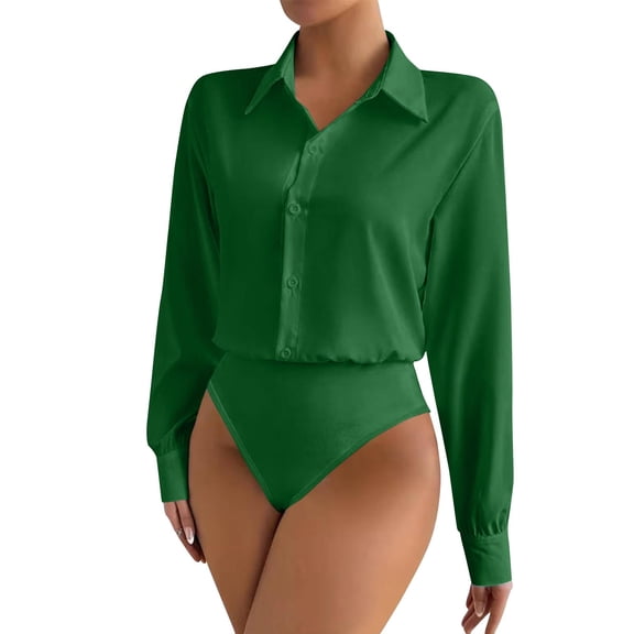 Satin Bodysuits for Women Button Down Collared Long Sleeve Shirt Slim Fit Lightweight Blouses Bussiness Casual Outfits Base Layer Shirts Office Body Suits Spring Summer Blouse Tops