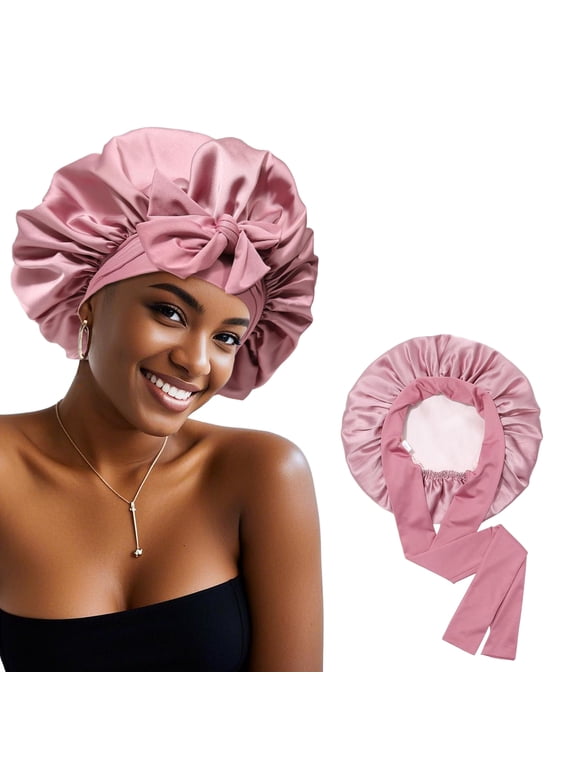 Satin Bonnet Silk Sleep Cap Double Layer Hair Bonnet with Elastic Tie Band for Curly or Straight Hair