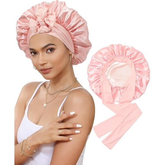 Satin Bonnet Silk Bonnet for Sleeping Silk Sleep Cap Double Layer Hair Bonnet with Elastic Tie Band for Curly Hair Night Cap