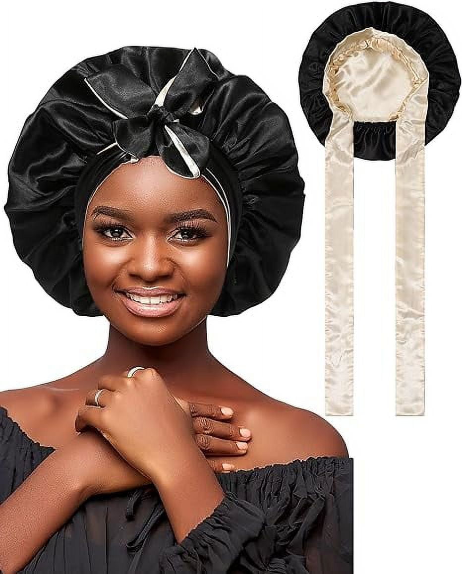 2Pcs Silk Bonnet for Sleeping, Satin Hair Bonnets, Soft Elastic Band Silk  Sleep Cap, Silk Hair Wrap for Curly Hair (Black Gold)