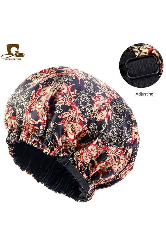 Satin Bonnet Sleep Bonnet Cap, Extra Large, Double Layer, Adjustable Satin Cap for Sleeping Hair Bonnet ( Phalaenopsis Black )