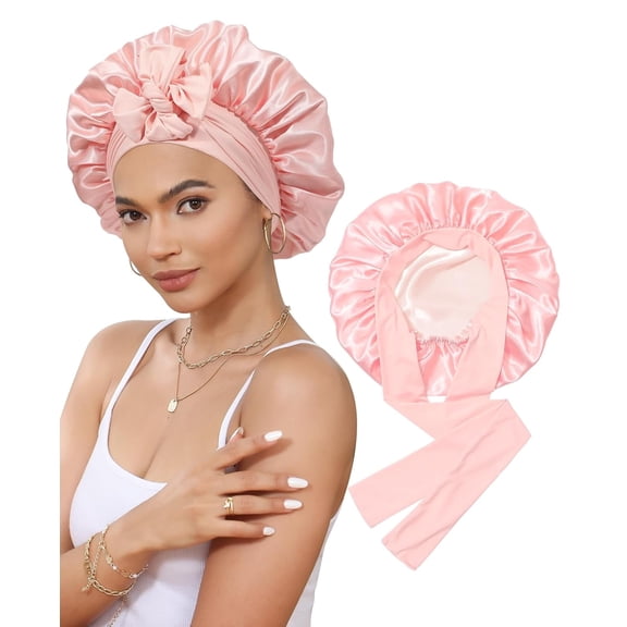 Satin Bonnet for Sleeping, Double Layer Hair Bonnet with Elastic Tie Band, Soft Night Cap for Curly and Straight Hair(Apricot Powder Champagne)