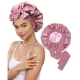 thumbnail image 1 of Satin Bonnet for Sleeping, Double Layer Hair Bonnet with Elastic Tie Band, Soft Night Cap for Curly and Straight Hair(Bean Paste + Pink), 1 of 6