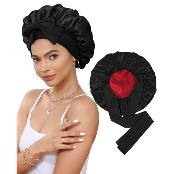 Satin Bonnet for Sleeping, Double Layer Hair Bonnet with Elastic Tie Band, Soft Night Cap for Curly and Straight Hair (Black+Red)