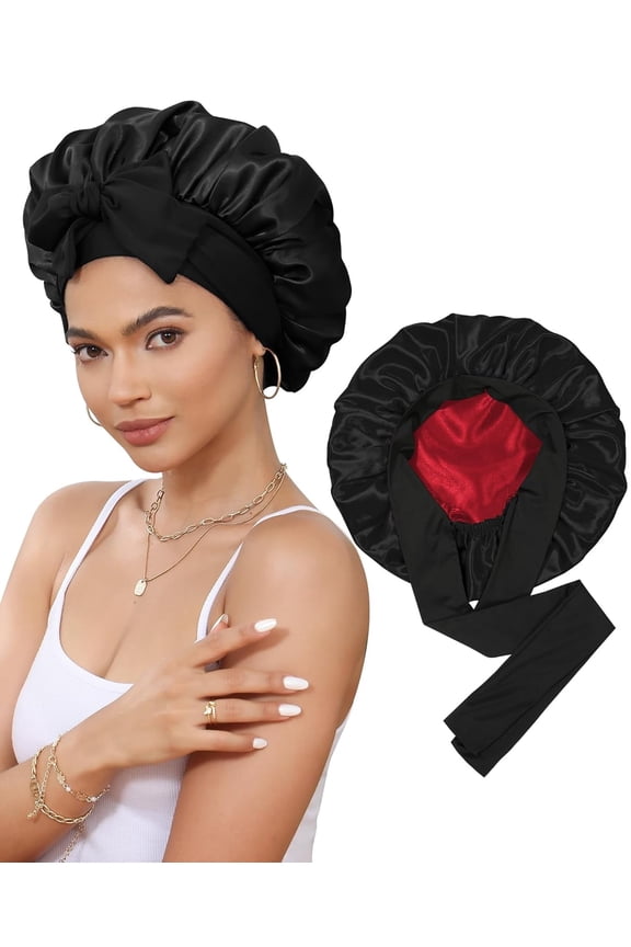 Satin Bonnet for Sleeping, Double Layer Hair Bonnet with Elastic Tie Band, Soft Night Cap for Curly and Straight Hair (Black+Red)