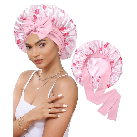 Satin Bonnet for Sleeping, Double Layer Hair Bonnet with Elastic Tie Band, Soft Night Cap for Curly and Straight Hair(Pink Bow Cherry)