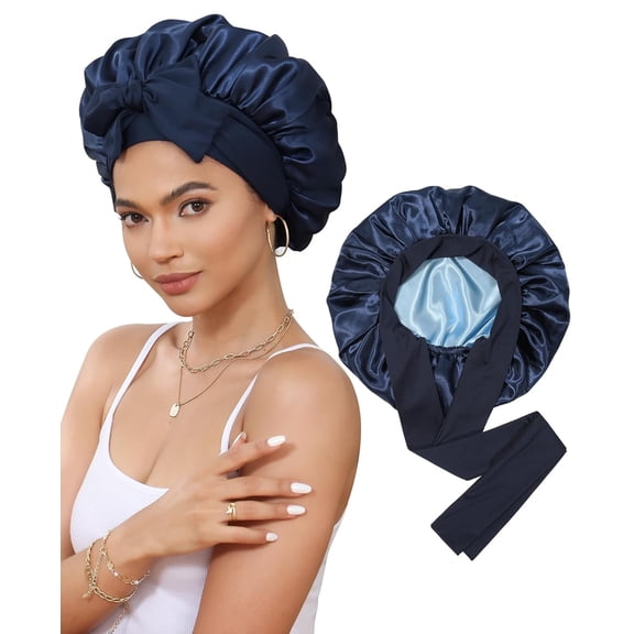 Satin Bonnet for Sleeping, Double Layer Hair Bonnet with Elastic Tie Band, Soft Night Cap for Curly and Straight HairNavy Blue + Light Blue)