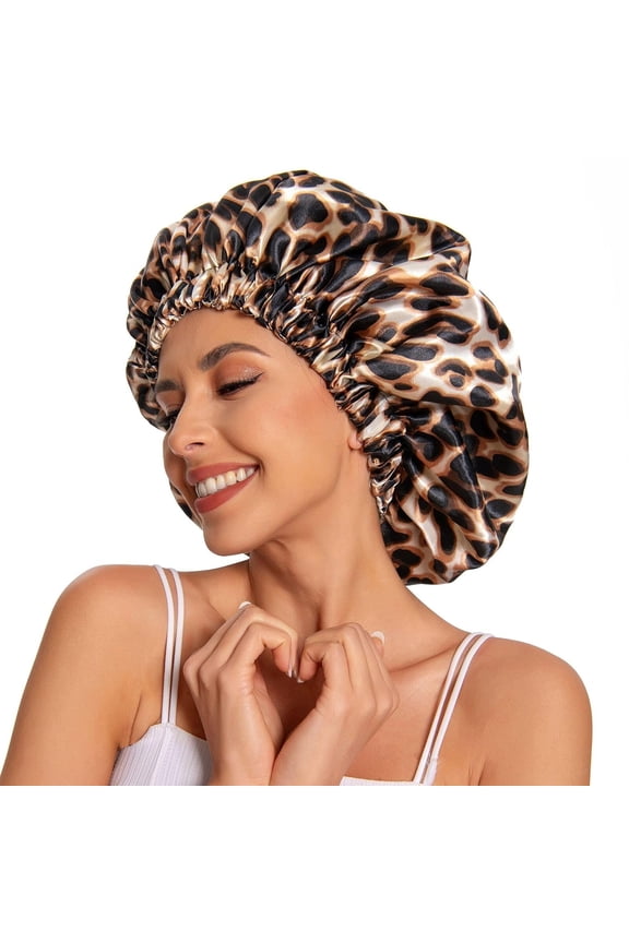 Satin Bonnet for Sleeping Slouchy Beanie Hat Sleep Cap for Women's Natural & Curly Hair (Leopard)