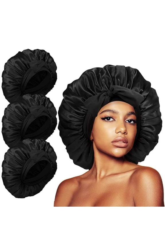 Satin Bonnet for Women,Double Layer Adjustable Sleep Cap, Soft and Silk Hair Bonnet for Curly Hair Protection, 3 Pack