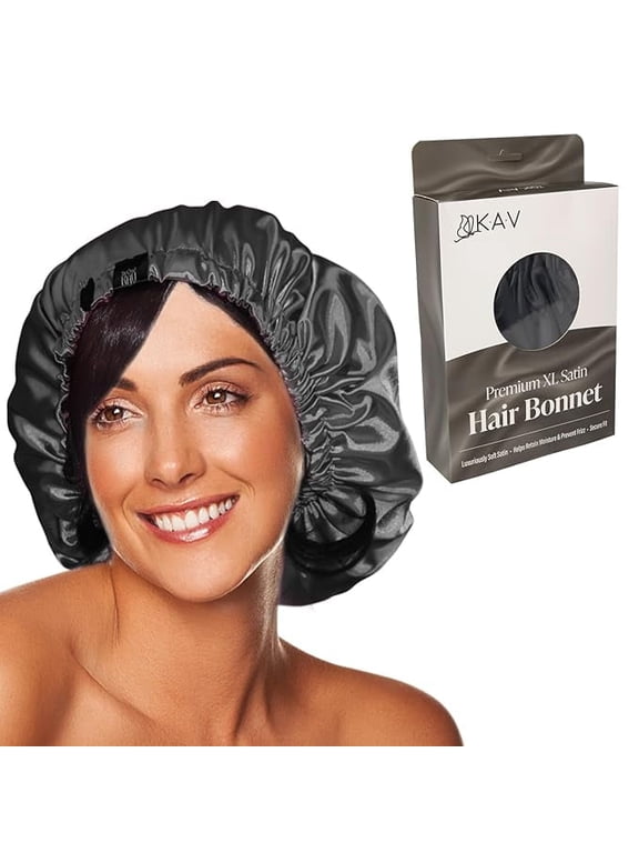 Satin Bonnet for Women, XL Reversable Beanie for Various Hair Types, Satin Sleeping Cap with Adjustable Strap, 2-Tone 2-Layer (Black)