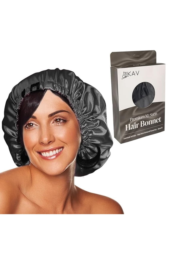 Satin Bonnet for Women, XL Reversable Beanie for Various Hair Types, Satin Sleeping Cap with Adjustable Strap, 2-Tone 2-Layer (Black)