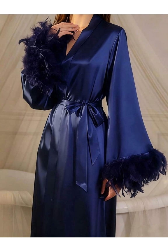Satin Boudoir Robe With Feather Cuffs Deep V Neck Zhang Qing