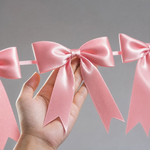 Satin Bow Garland, Cloth Hanging Ribbon Banner for Birthday, Shower, Wall, and Party Decor, Pink