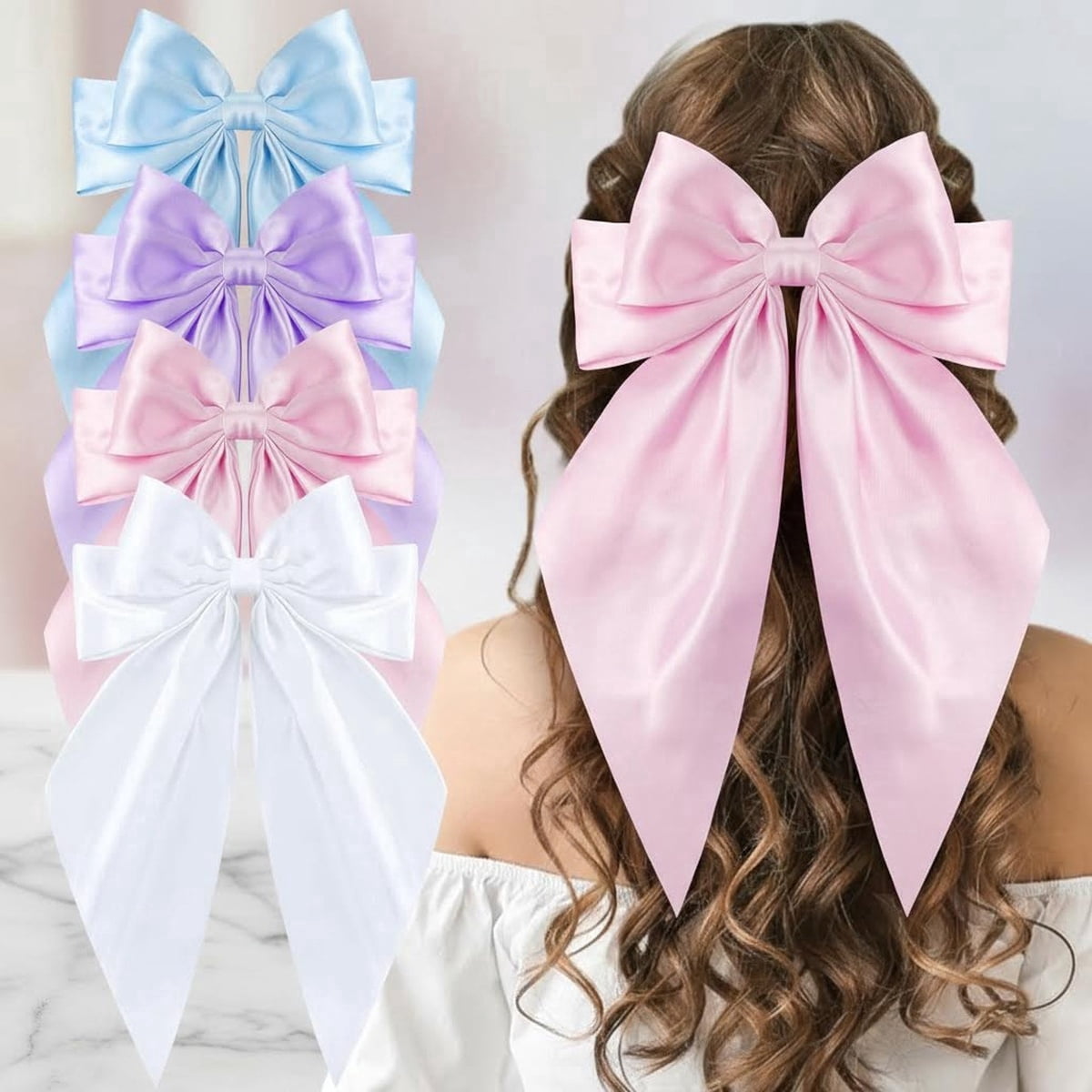 Satin Bow Hair Ribbon - Long Tail Bow Hair Clips in Pink, White, Blue, Purple