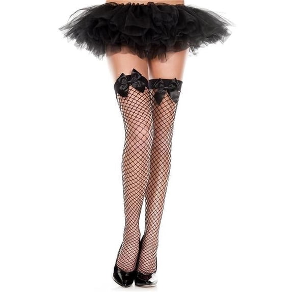 Satin Bow Spandex Mini Diamond Net Thigh High Stockings, Black