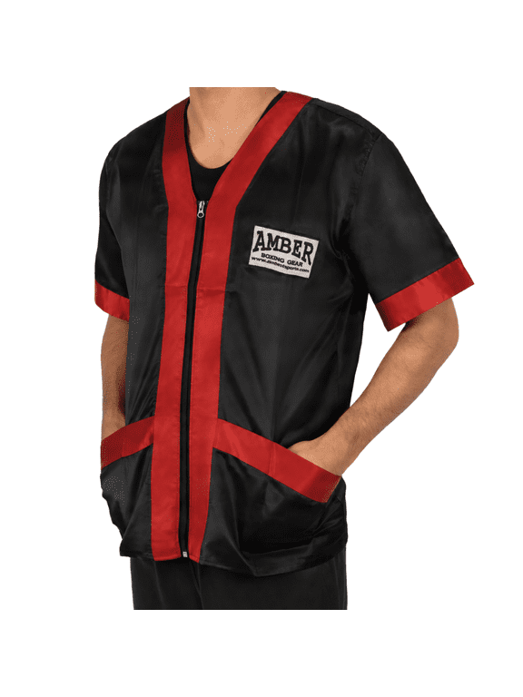Satin Boxing Cornerman's Jacket, Premium Cornerman Support & Style Gear with Durable Satin, Ample Pockets & Tailored Fit, Black/Red, X-Large
