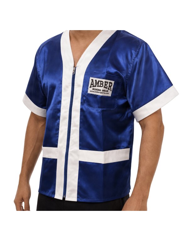 Satin Boxing Cornerman's Jacket, Premium Cornerman Support & Style Gear with Durable Satin, Ample Pockets & Tailored Fit, Blue/White, Medium