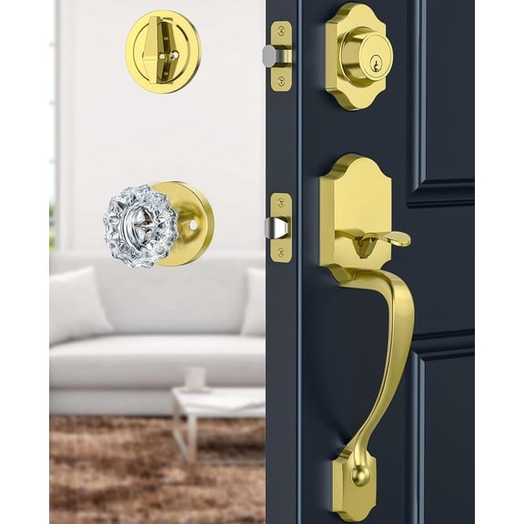 Satin Brass Front Door Handle and Deadbolt Set, Front Door Lock Set with Crystal Glass Door Knob, Exterior Door Lock Set with Single Cylinder, Reversible for Right & Left, Gold
