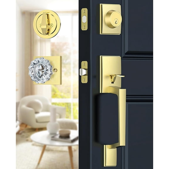 Satin Brass Front Door Handle and Deadbolt Set, Front Door Lock Set with Crystal Glass Door Knob, Exterior Door Lock Set with Single Cylinder, Reversible for Right & Left, Gold