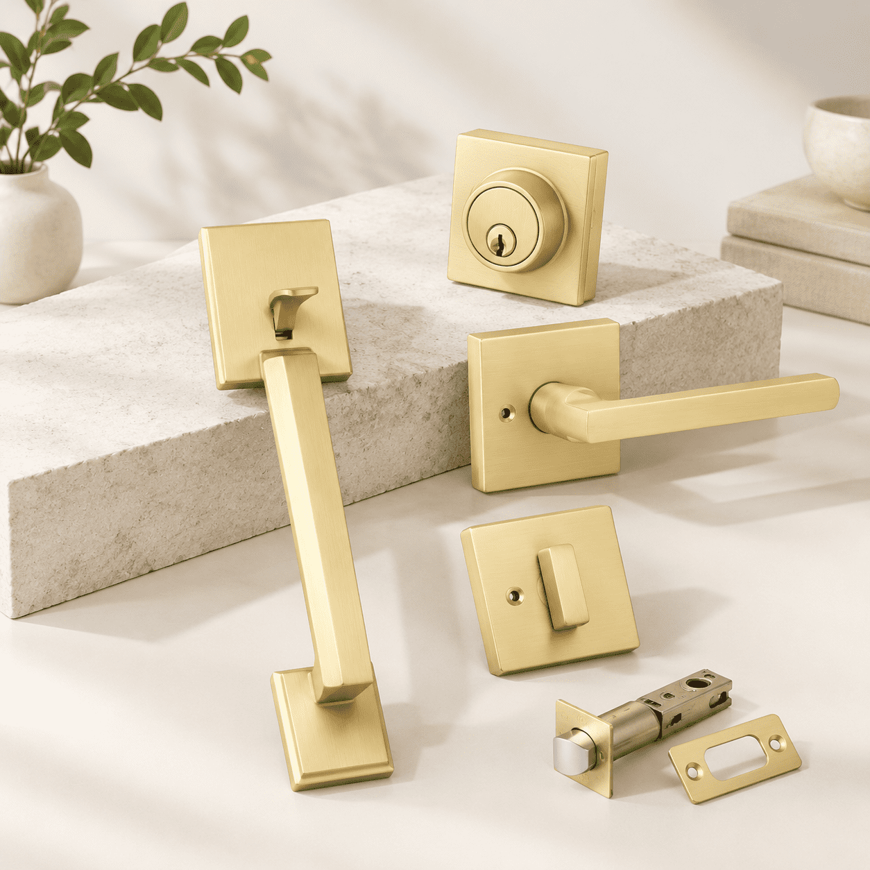 Satin Brass Square Handleset with Lever - 1 Pack Front Door Lock Set ...