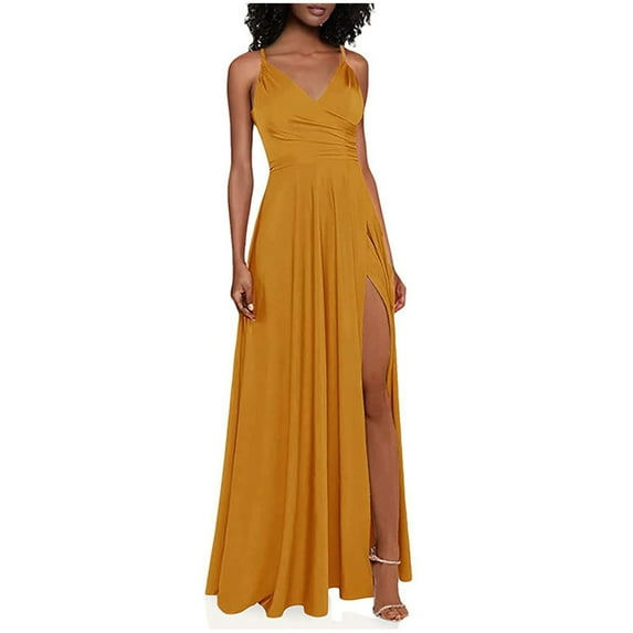 Satin Bridesmaid Dresses for Women Wedding Spaghetti Straps V Neck Dress Prom Womens Long High Slit Formal Evening Ball Gowns Formal Dresses for Women Elegant S-17 S