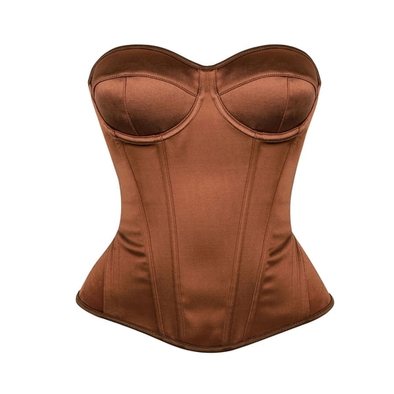 Satin Bustier Corset for Women, Lace-Up Overbust Top with Sweetheart Neckline - Strapless Waist Cincher for Wedding & Formal Events (1-Pack) Coffee XL