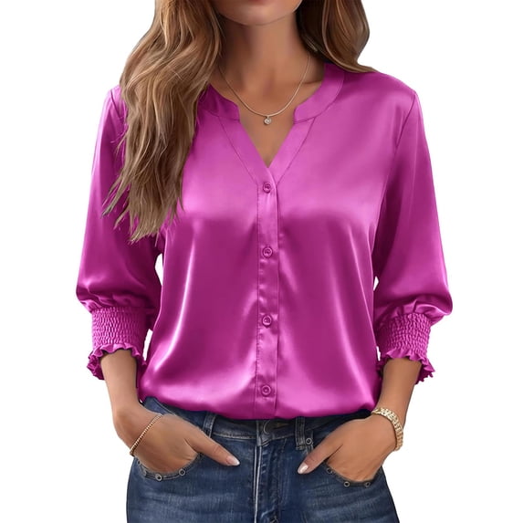 Satin Button Down Shirts for Women 3/4 Length Sleeve Business Casual Blouses 2026 Summer Tops Purple Pink 3XL