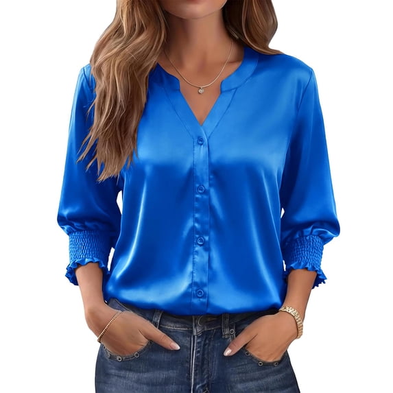 Satin Button Down Shirts for Women 3/4 Length Sleeve Business Casual Blouses 2026 Summer Tops Royal Blue XL