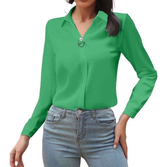 Satin Button Down Shirts for Women, Yigetop V Neck Shirts for Women Satin Tops for Women Satin Imitation Business Shirts formal Shirts for Women Green L