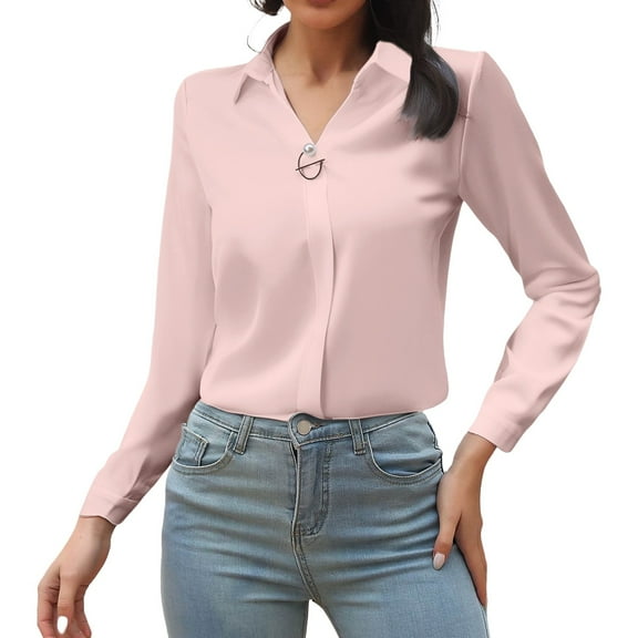 Satin Button Down Shirts for Women, Yigetop V Neck Shirts for Women Satin Tops for Women Satin Imitation Business Shirts formal Shirts for Women Pink XL