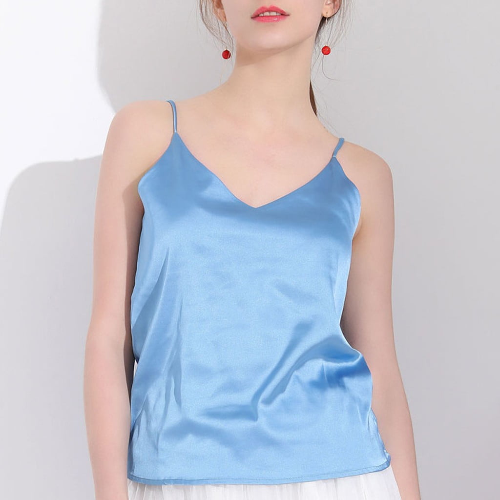 Satin Camisole Tops For Women Solid Color V Neck Silk Sleeveless