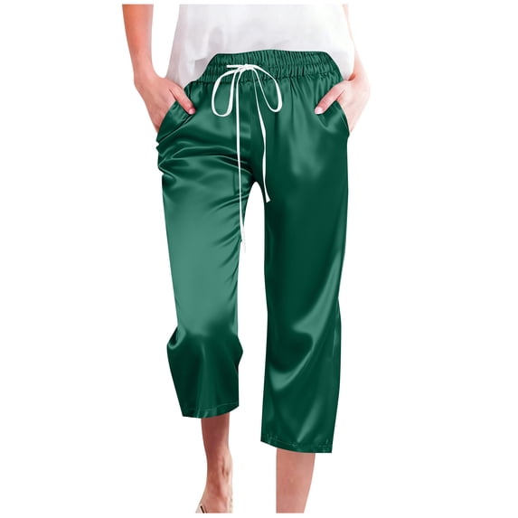 Satin Capri Pants Women Summer Lightweight Soft Silky Capris with Pockets Elastic Waist Drawstring Sweatpant (2XL, Green)
